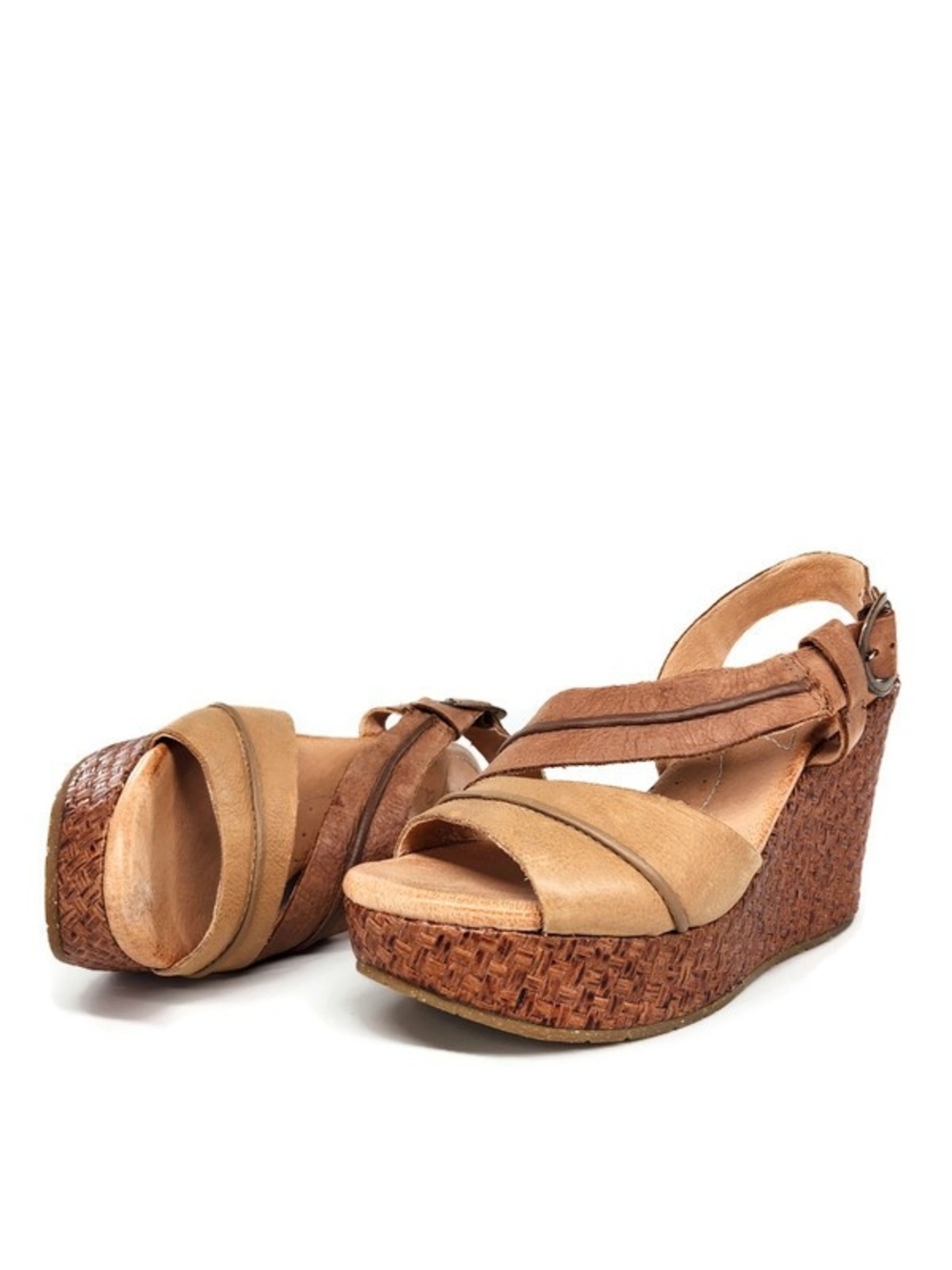 Naya Estra Tan Brown Leather Sling-Back Woven Bamboo Wrapped Wedge Heel Sandals
